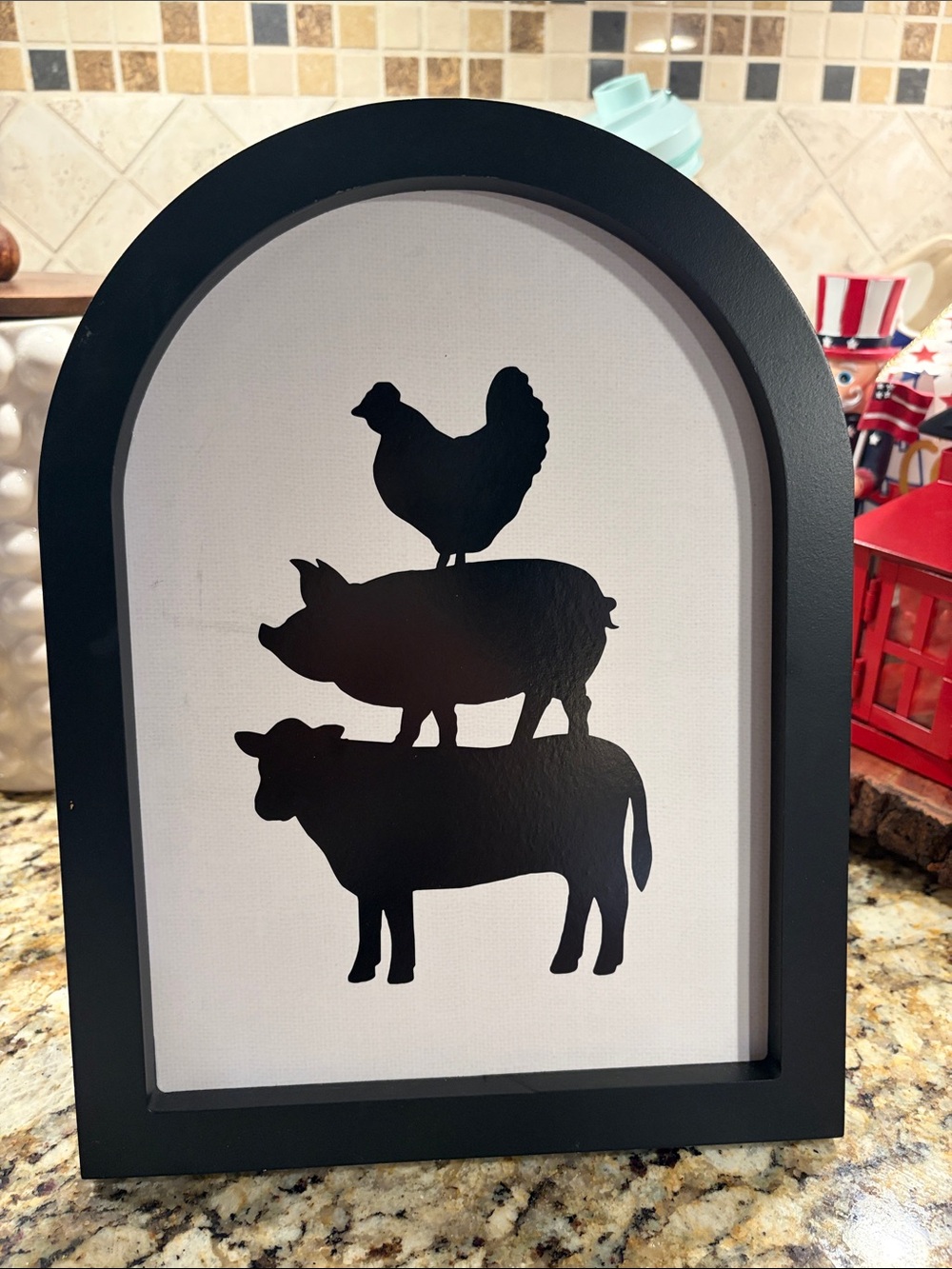 Black Farm Animal Silhouette Arched Wall Art with a Chicken, Pig and Cow.
